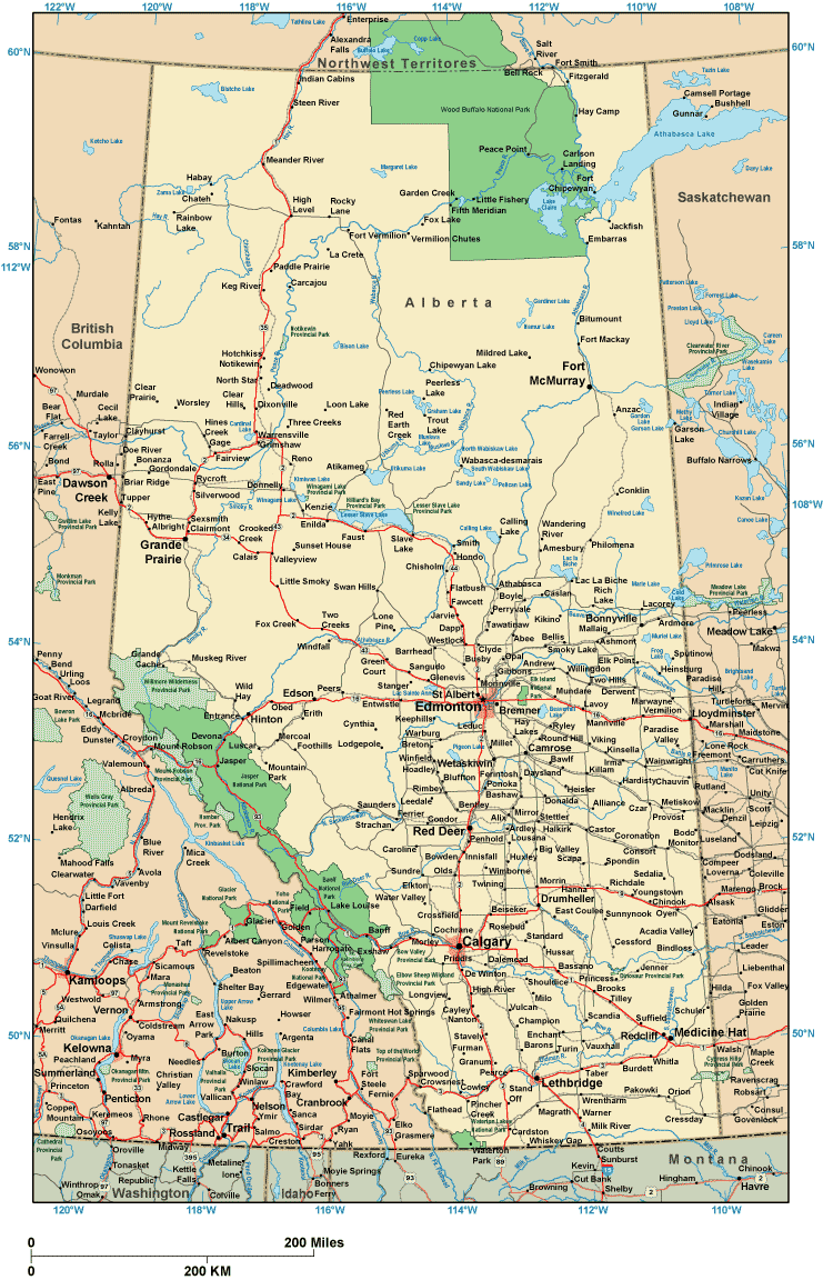 Printable Map of Alberta, Canada