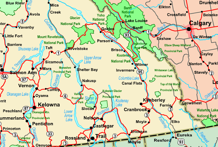 Highway Map of Kootenays, British Columbia