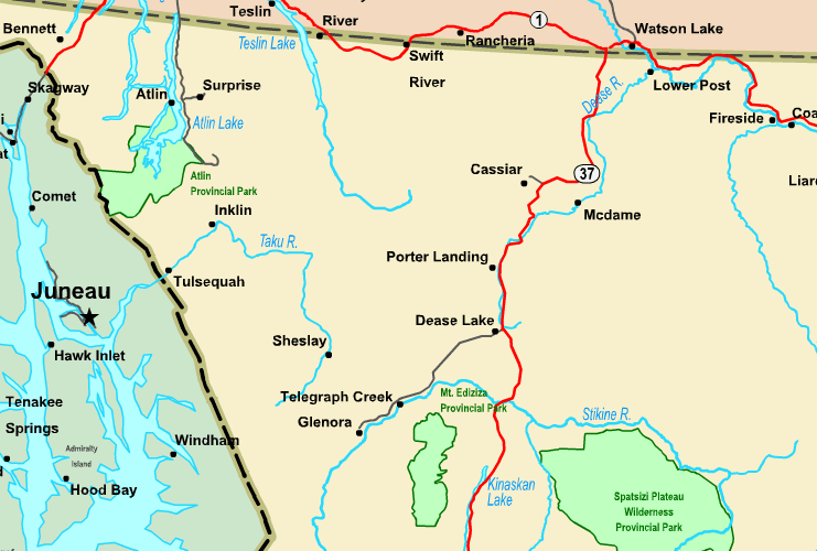 Highway Map of Northwestern BC, British Columbia