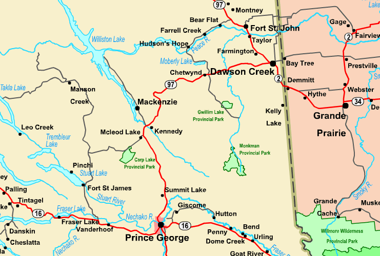 Highway Map of Prince George, Dawson Creek, British Columbia