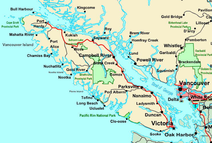 Highway Map of Vancouver Island, British Columbia