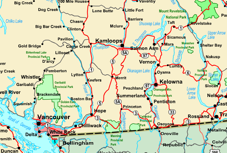 Highway Map of Vancouver Okanagan, British Columbia