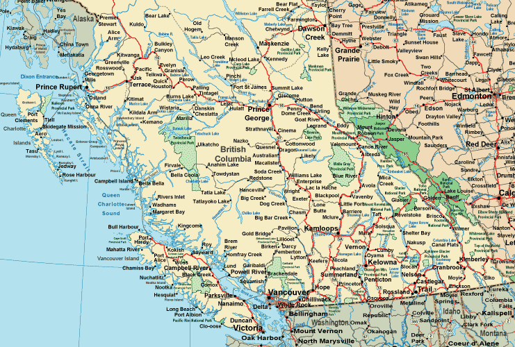 Printable Map of Southern British Columbia, Canada