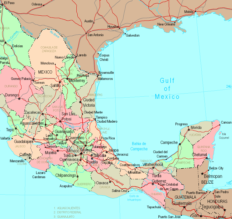 Printable Map of Southern Mexico