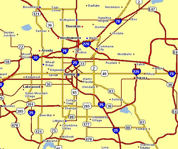 Road Map of Denver, Colorado
