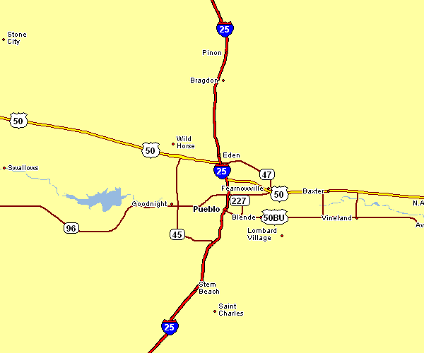 Road Map of Pueblo, Colorado