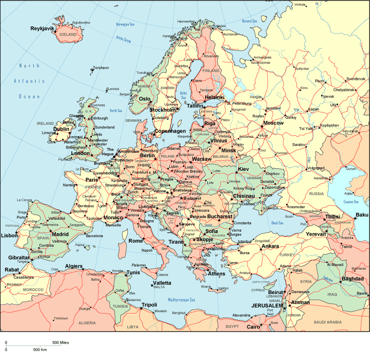 Printable Map of Europe Political, World