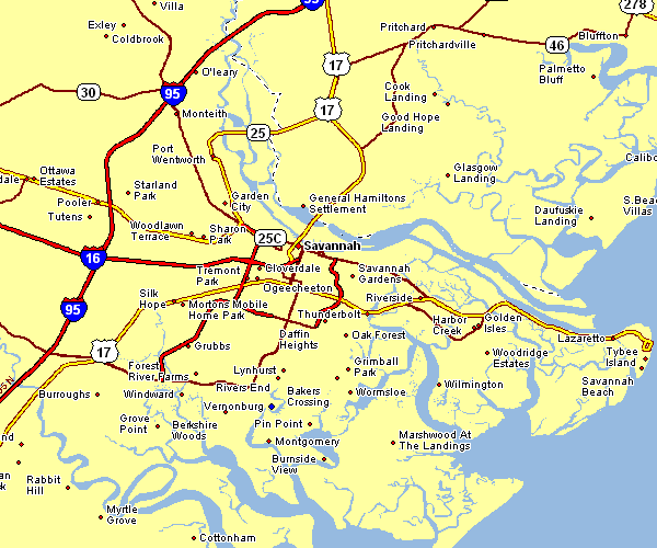 Road Map of Savannah, Georgia