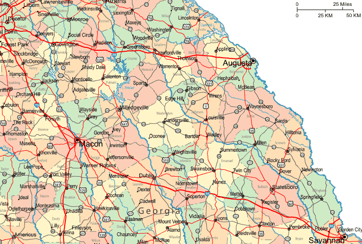 Highway Map of East Central Georgia