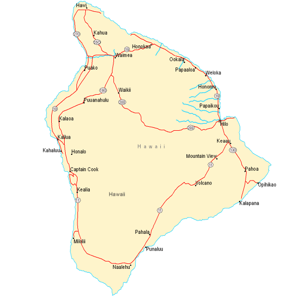Printable Map of Island Of Hawaii, United States