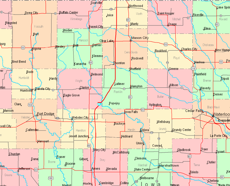 Printable Map of North Central Iowa, United States