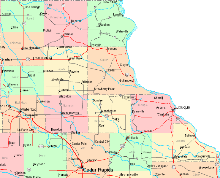 Printable Map of Northeastern Iowa, United States