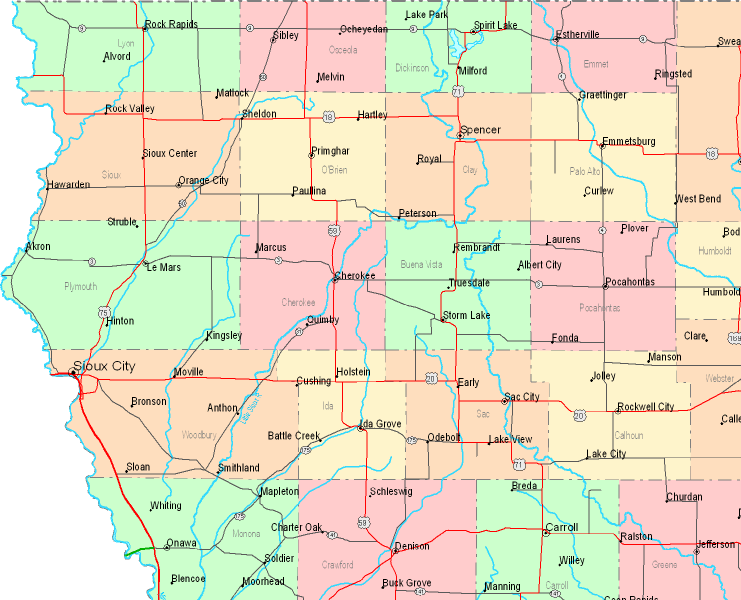 Printable Map of Northwestern Iowa, United States