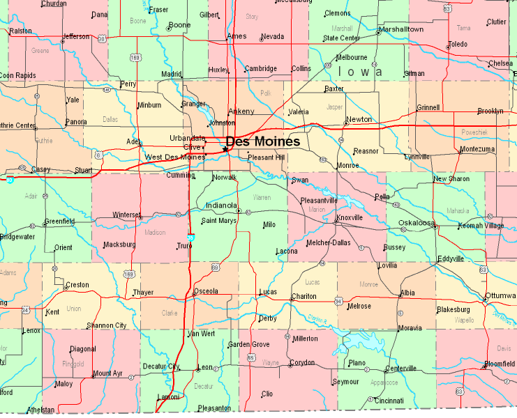 Printable Map of South Central Iowa, United States