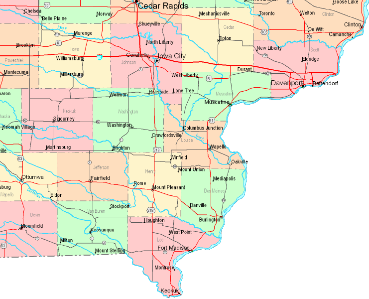Printable Map of Southeastern Iowa, United States