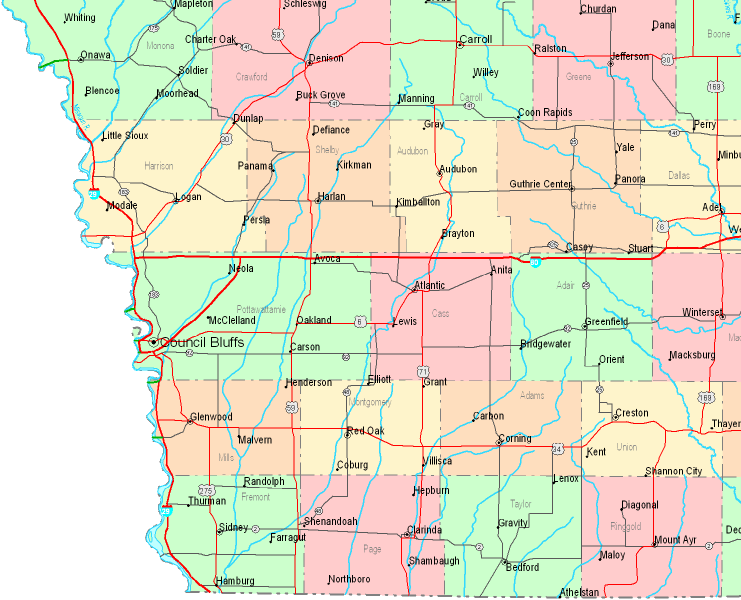 Printable Map of Southwestern Iowa, United States