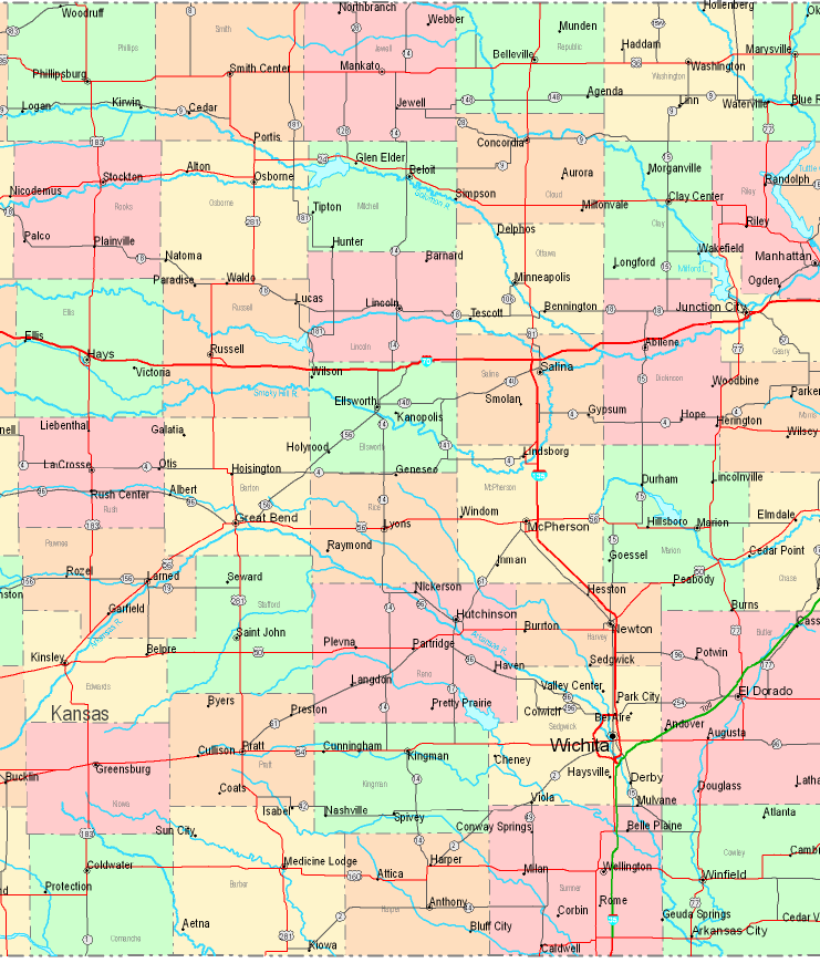 Printable Map of Central Kansas, United States