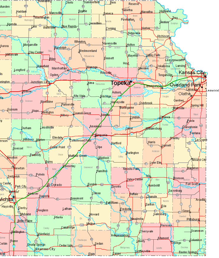 Printable Map of Eastern Kansas, United States