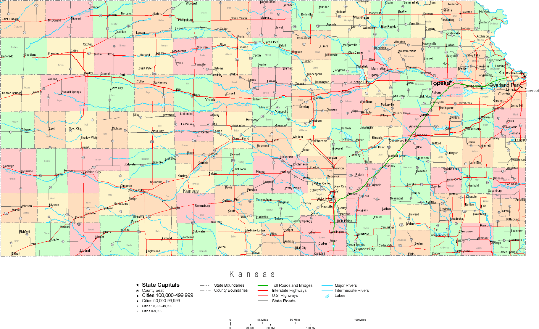 Printable Map of Kansas Large