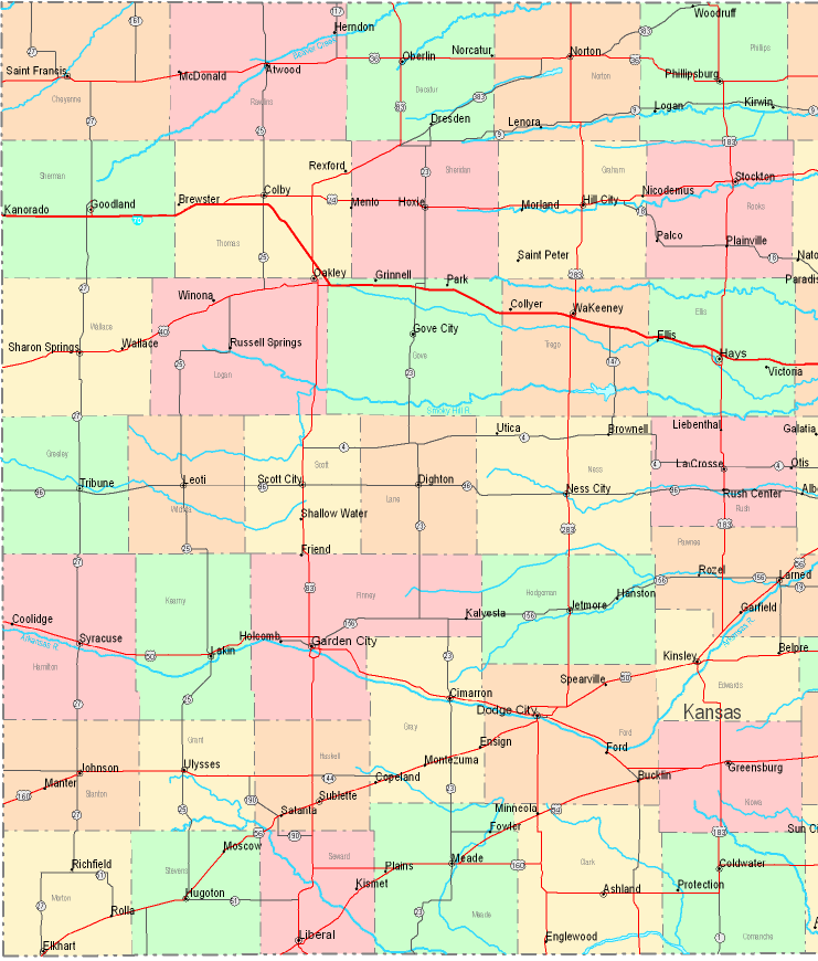 Printable Map of Western Kansas, United States
