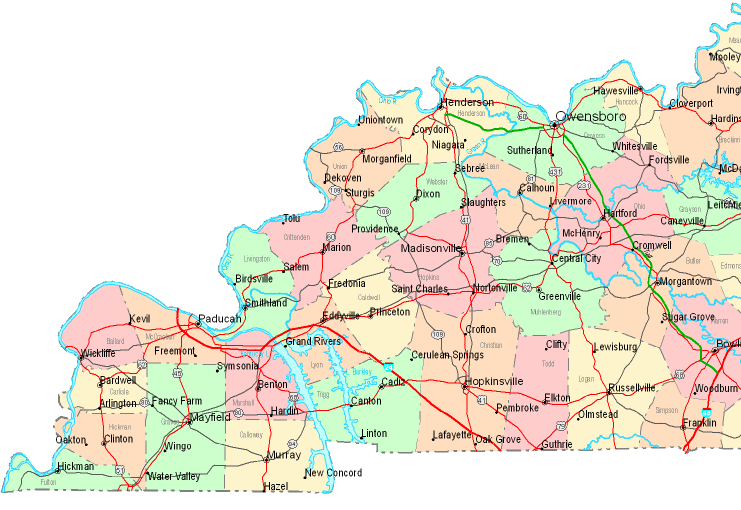 Printable Map of Western Kentucky, United States