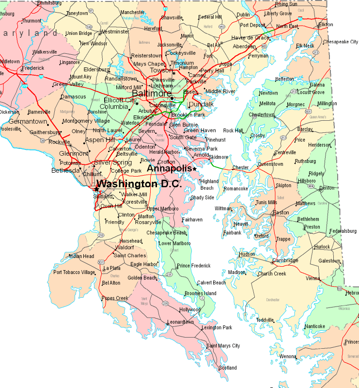 Printable Map of Central Maryland, United States