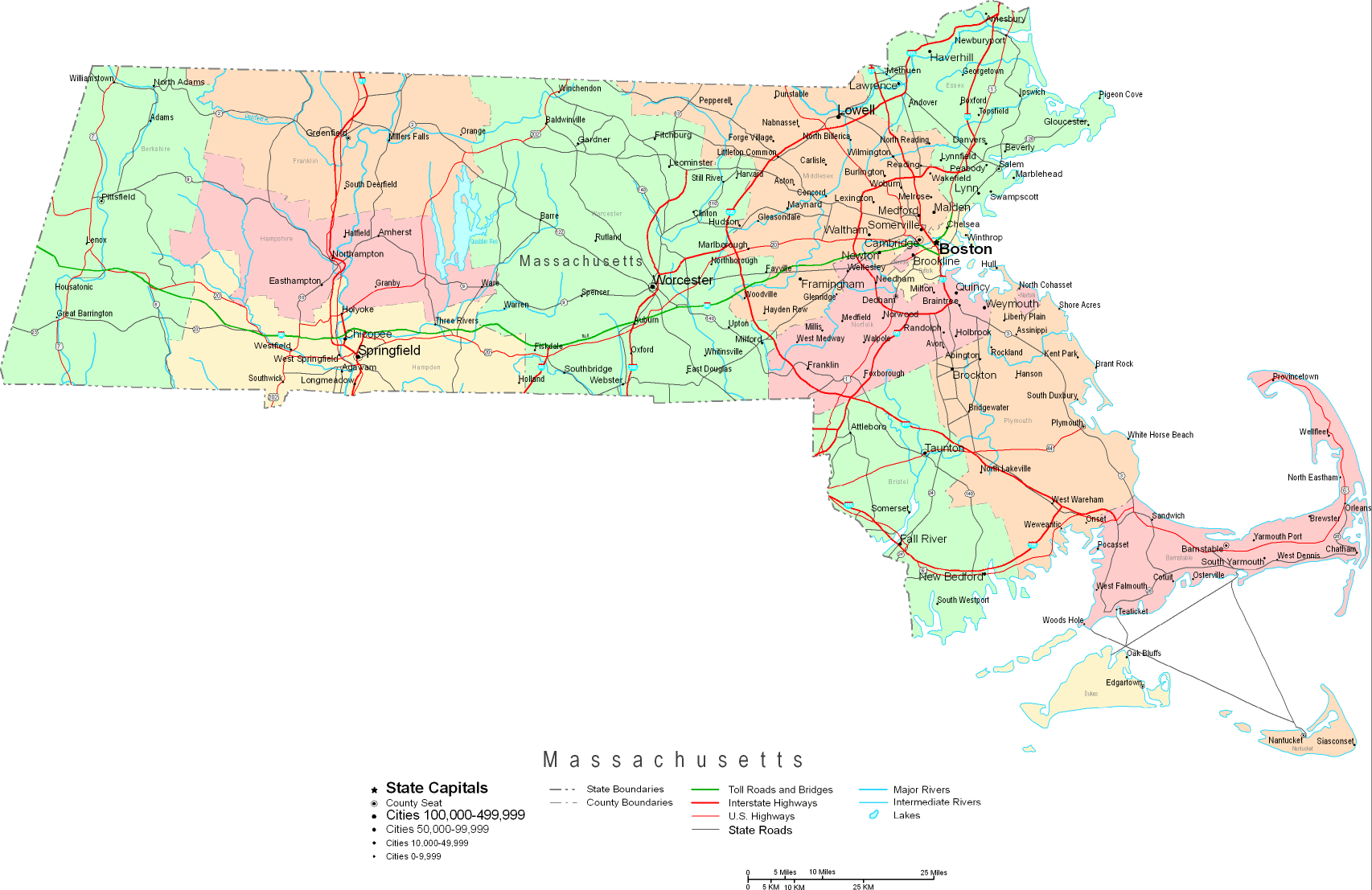 Printable Map of Massachusetts Large