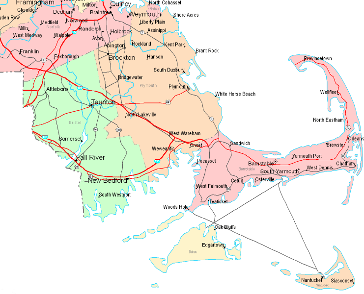 Printable Map of Southeastern Massachusetts, United States