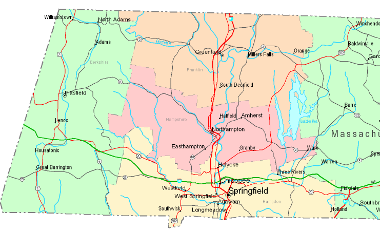 Printable Map of Western Massachusetts, United States