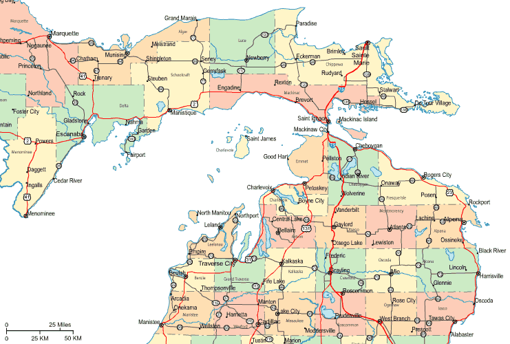 Highway Map of Northern Michigan
