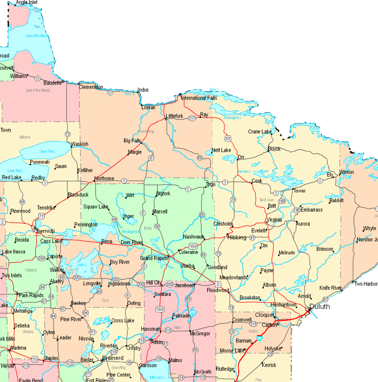 Printable Map of North Central Minnesota, United States
