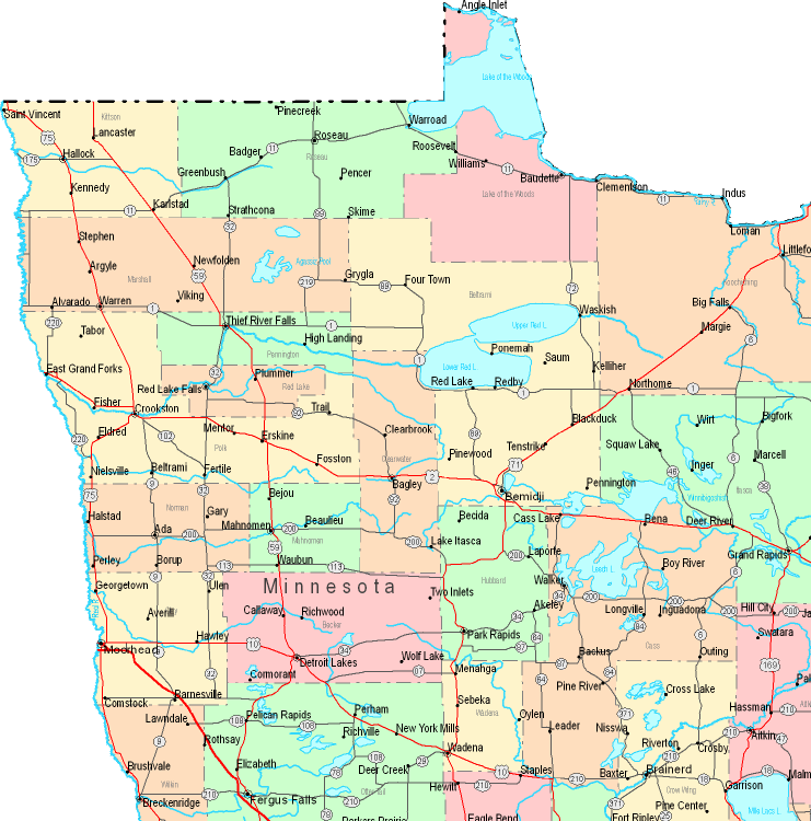 Printable Map of Northwestern Minnesota, United States