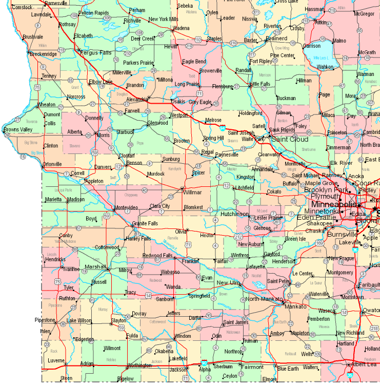 Printable Map of Southwestern Minnesota, United States