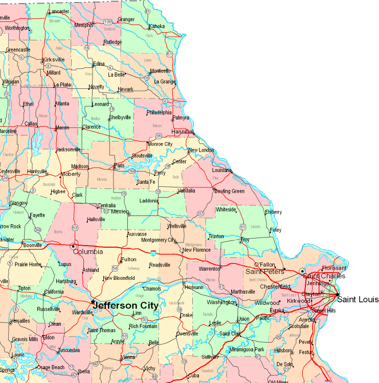 Printable Map of Northeastern Missouri, United States