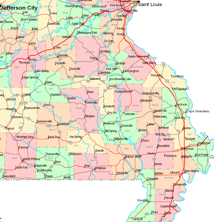 Printable Map of Southeastern Missouri, United States