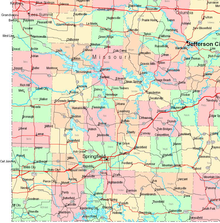 Printable Map of Southwestern Missouri, United States