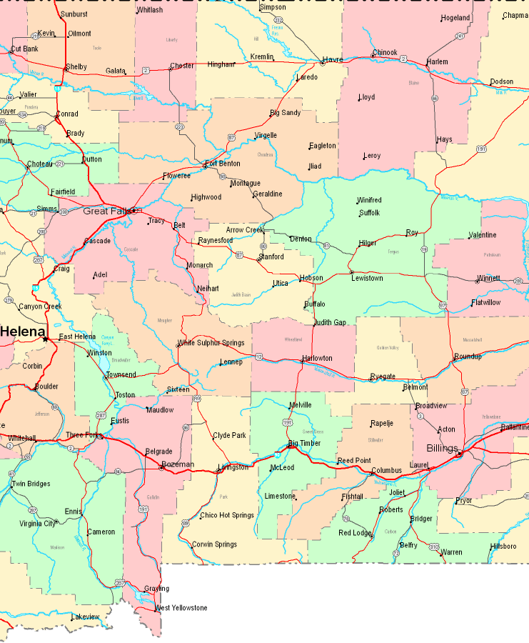 Printable Map of Central Montana, United States