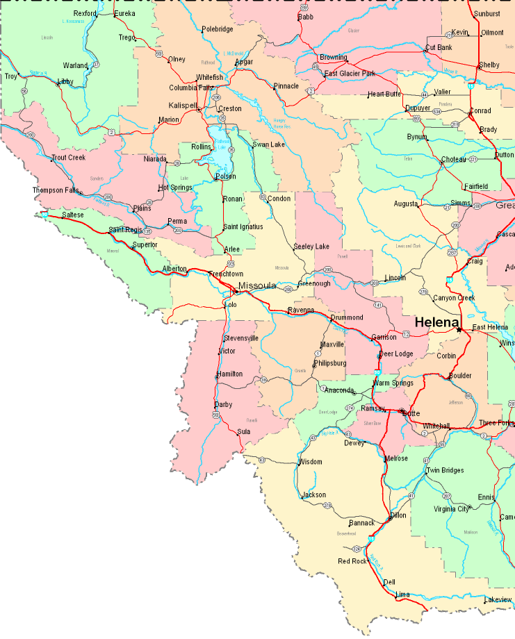 Printable Map of Western Montana, United States