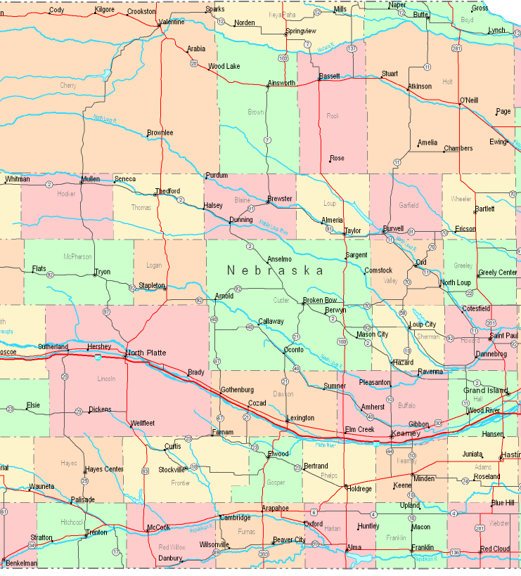 Printable Map of Central Nebraska, United States