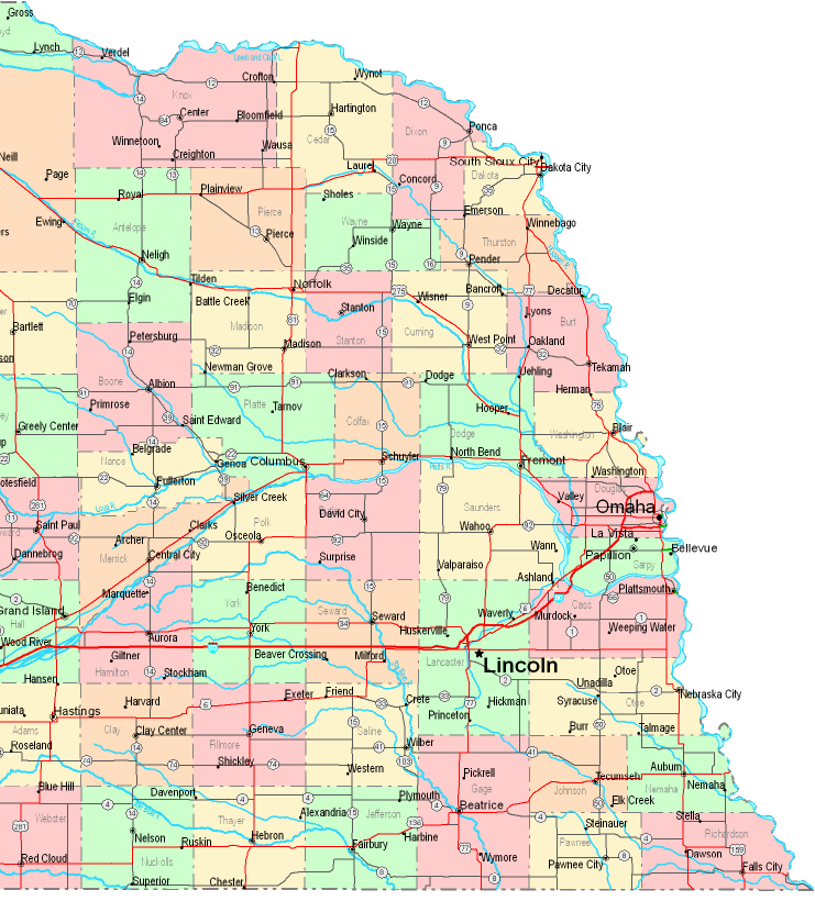 Printable Map of Eastern Nebraska, United States