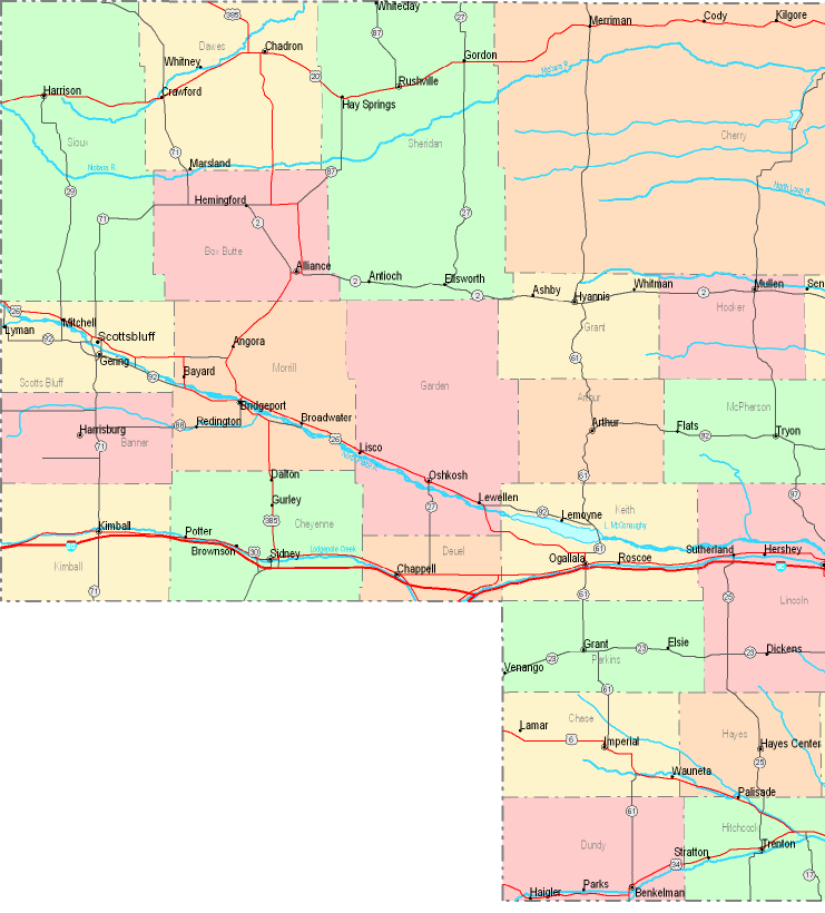 Printable Map of Western Nebraska, United States