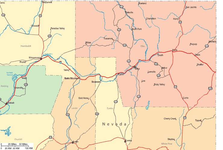 Highway Map of Northeastern Nevada