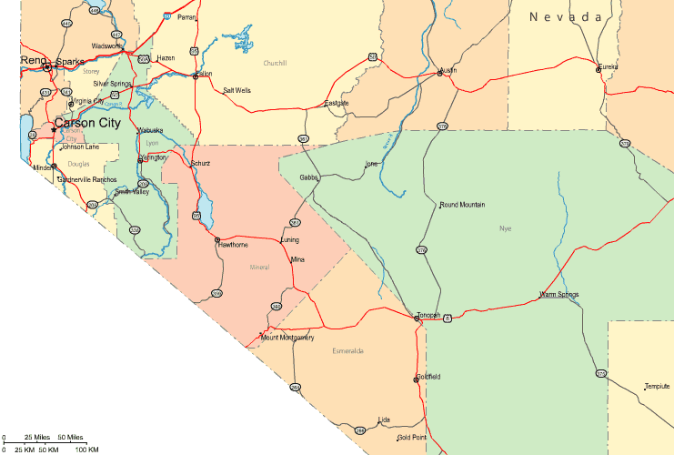 Highway Map of West Central Nevada