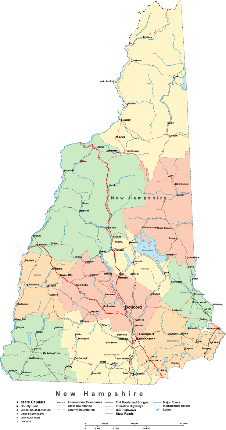 Printable Map of New Hampshire, United States