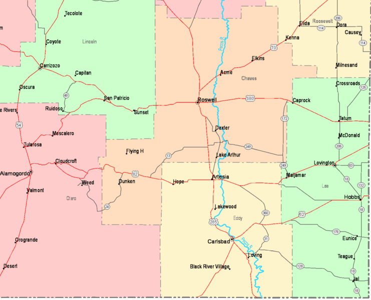 Printable Map of New Mexico Southeast, United States
