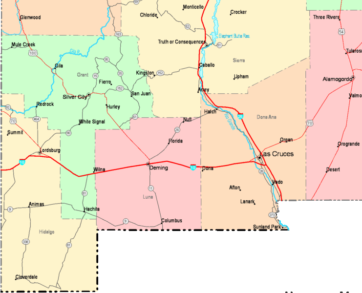 Printable Map of New Mexico Southwest, United States