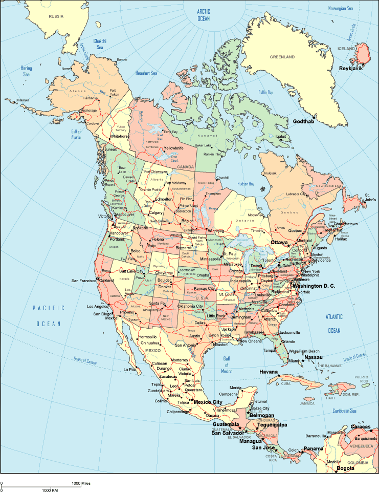 Printable Map of North America Political, Canada