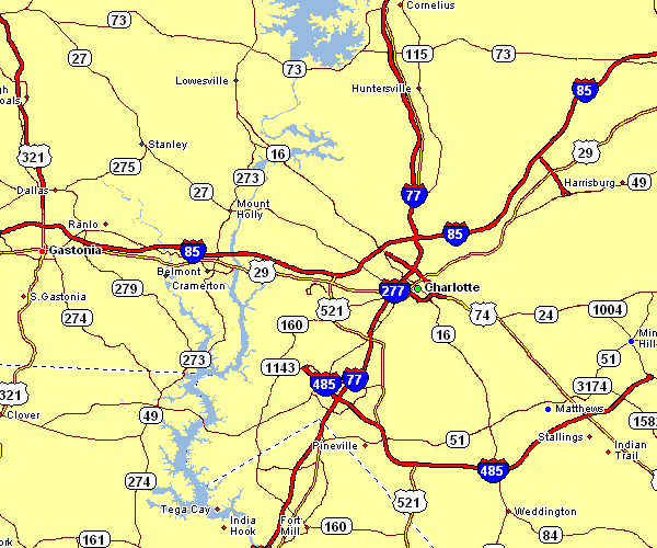 Road Map of Charlotte, North Carolina