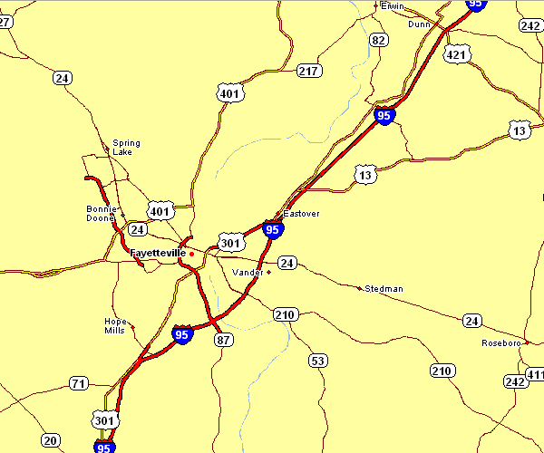 Road Map of Fayetteville, North Carolina