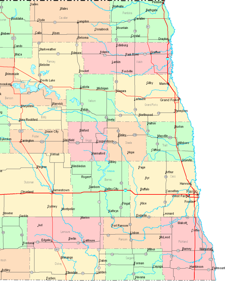 Printable Map of Eastern North Dakota, United States